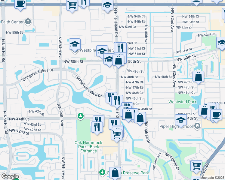 map of restaurants, bars, coffee shops, grocery stores, and more near in Sunrise