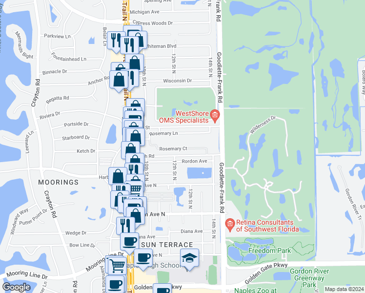 map of restaurants, bars, coffee shops, grocery stores, and more near 1273 Creech Road in Naples