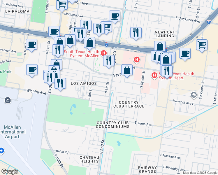 map of restaurants, bars, coffee shops, grocery stores, and more near 2105 South 2nd Street in McAllen
