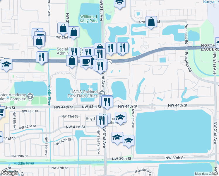 map of restaurants, bars, coffee shops, grocery stores, and more near 201 Lake Pointe Drive in Oakland Park