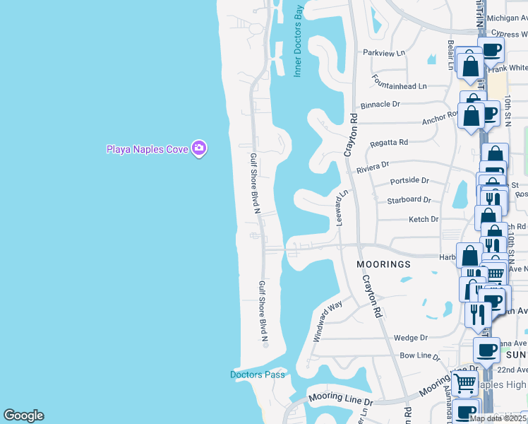map of restaurants, bars, coffee shops, grocery stores, and more near 3000 Gulf Shore Boulevard North in Naples
