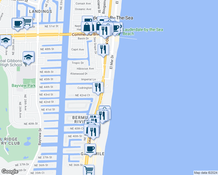 map of restaurants, bars, coffee shops, grocery stores, and more near 3900 North Ocean Boulevard in Fort Lauderdale