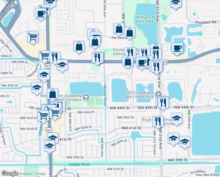 map of restaurants, bars, coffee shops, grocery stores, and more near 3433 Northwest 44th Street in Lauderdale Lakes
