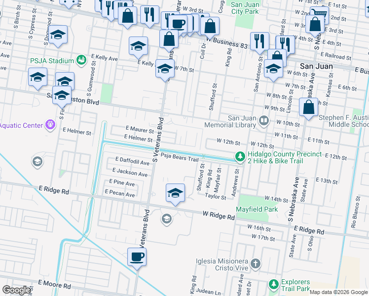 map of restaurants, bars, coffee shops, grocery stores, and more near 1308 Shufford Street in San Juan