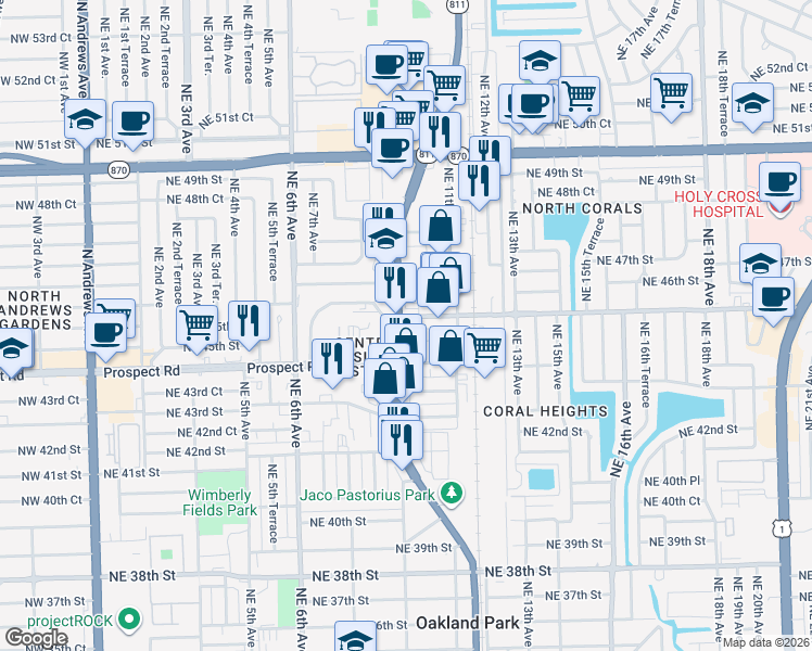 map of restaurants, bars, coffee shops, grocery stores, and more near 4450 North Dixie Highway in Oakland Park