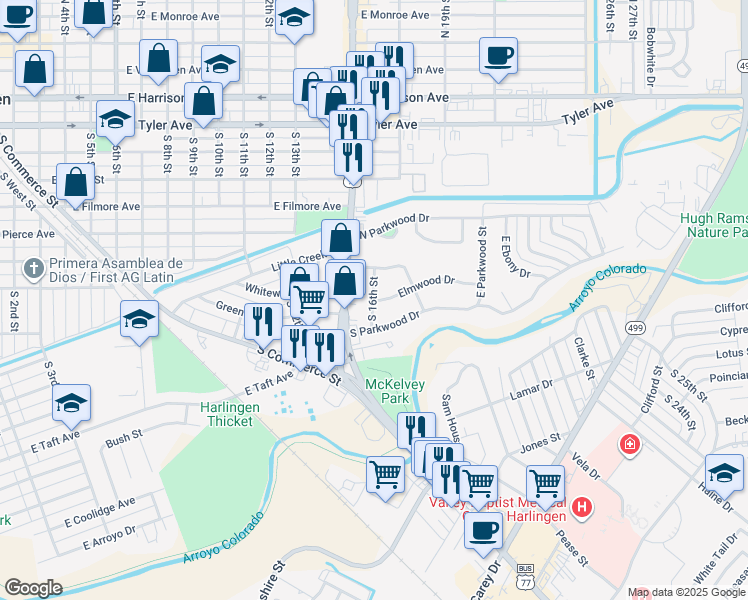map of restaurants, bars, coffee shops, grocery stores, and more near 1610 Elmwood Drive in Harlingen