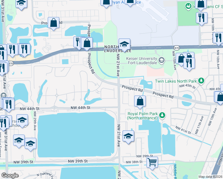 map of restaurants, bars, coffee shops, grocery stores, and more near in Oakland Park