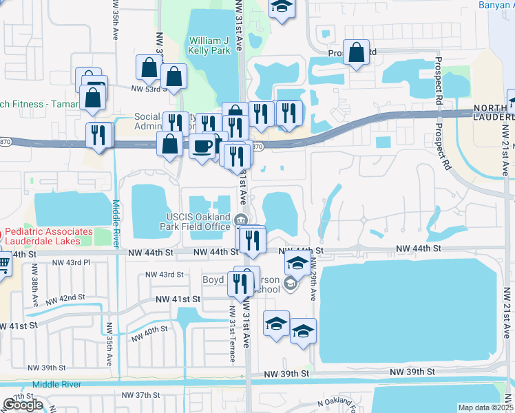 map of restaurants, bars, coffee shops, grocery stores, and more near 201 Lake Pointe Drive in Oakland Park