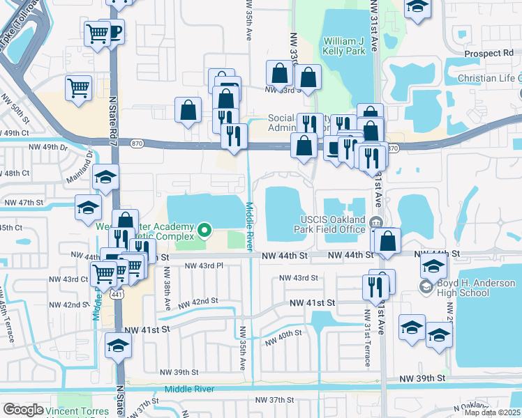 map of restaurants, bars, coffee shops, grocery stores, and more near 3433 Northwest 44th Street in Lauderdale Lakes