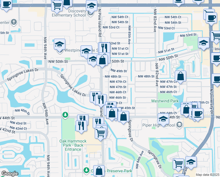 map of restaurants, bars, coffee shops, grocery stores, and more near 8641 Northwest 85th Avenue in Lauderhill