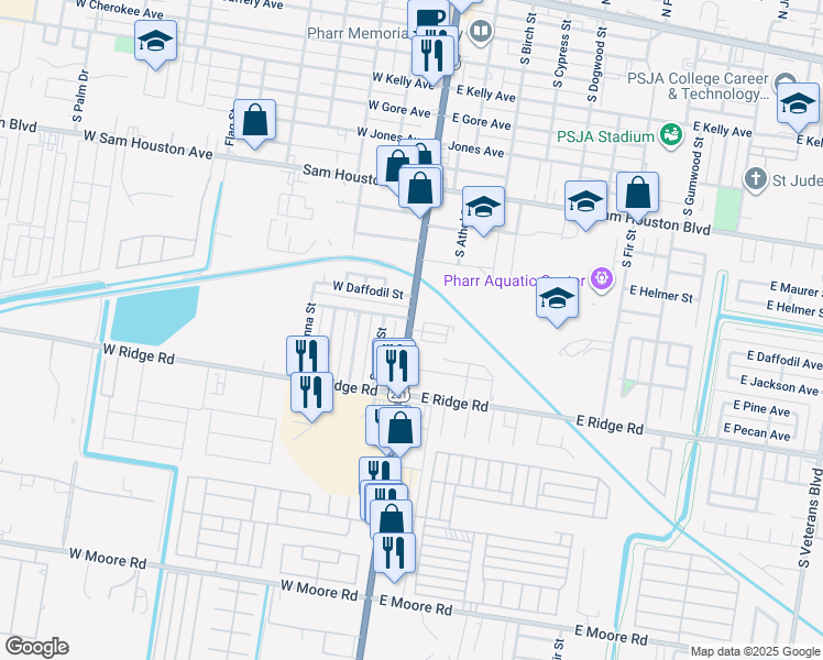 map of restaurants, bars, coffee shops, grocery stores, and more near 1207 South Cage Boulevard in Pharr