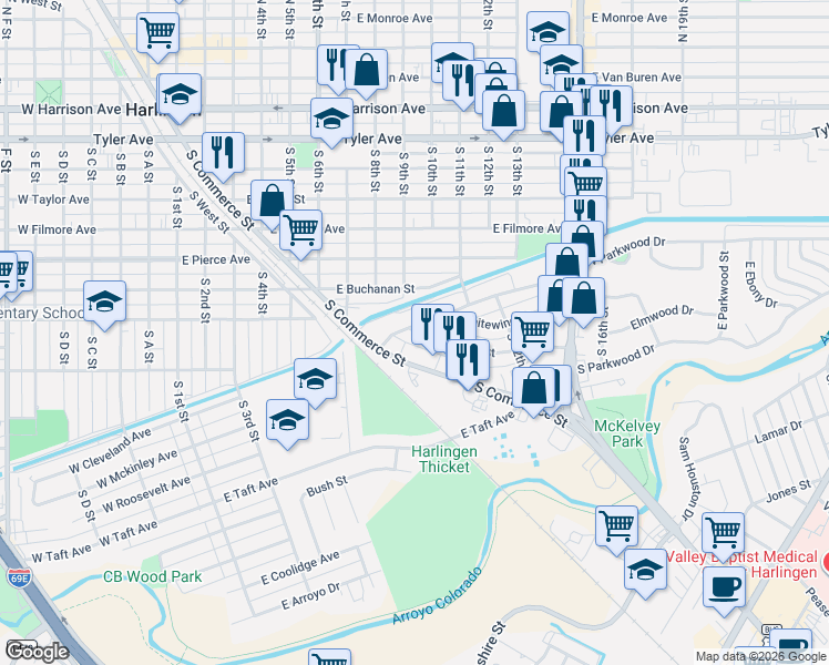 map of restaurants, bars, coffee shops, grocery stores, and more near 1022 Greenway Street in Harlingen
