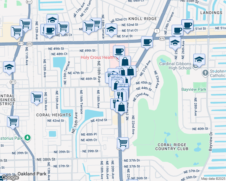 map of restaurants, bars, coffee shops, grocery stores, and more near 4451 Northeast 20th Avenue in Oakland Park