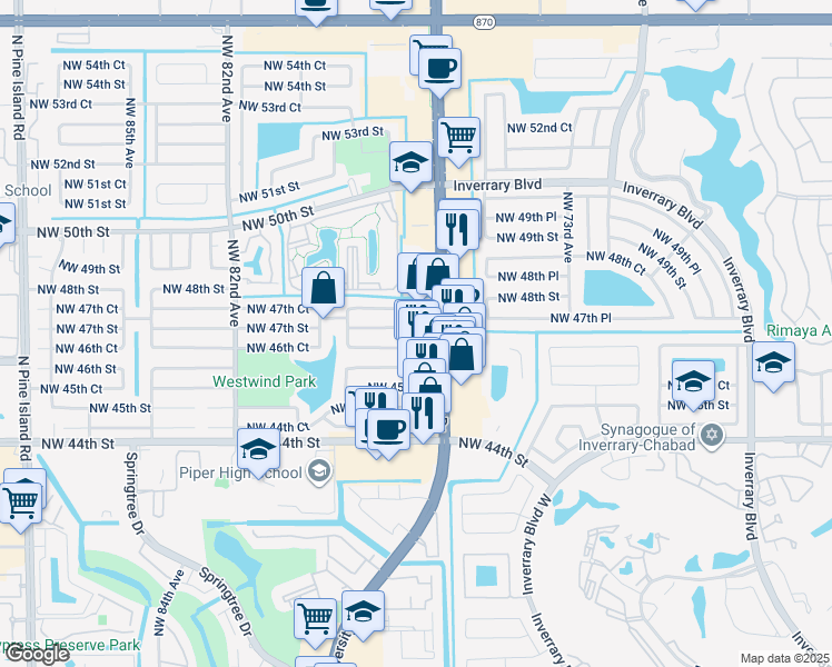 map of restaurants, bars, coffee shops, grocery stores, and more near 4630 Northwest 77th Terrace in Lauderhill