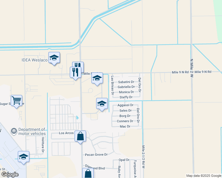 map of restaurants, bars, coffee shops, grocery stores, and more near 2201 Las Brisas Drive in Weslaco