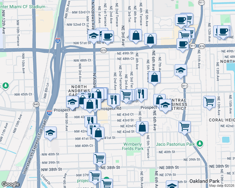 map of restaurants, bars, coffee shops, grocery stores, and more near 240 Northeast 45th Court in Fort Lauderdale