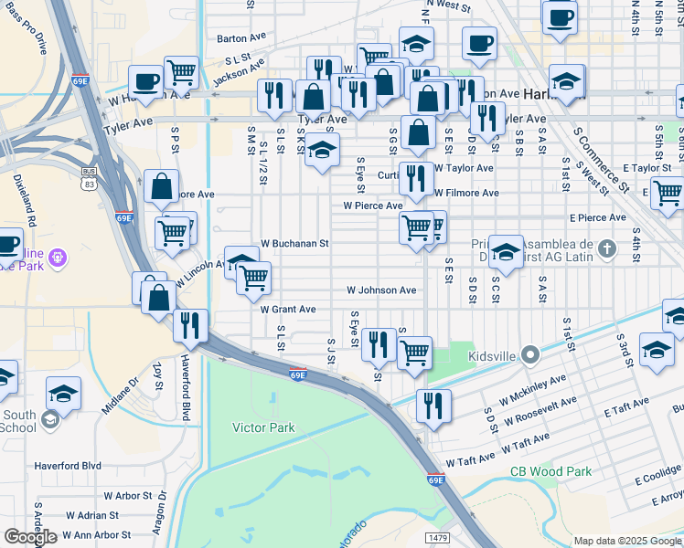 map of restaurants, bars, coffee shops, grocery stores, and more near 92 West Johnson Avenue in Harlingen