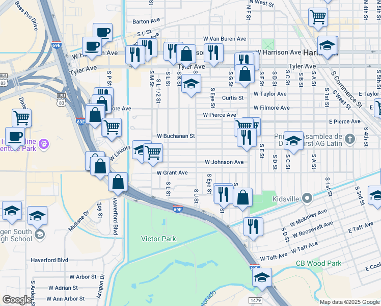 map of restaurants, bars, coffee shops, grocery stores, and more near 1106 West Johnson Avenue in Harlingen
