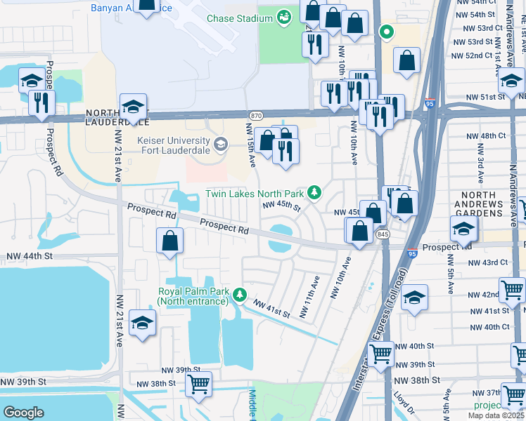 map of restaurants, bars, coffee shops, grocery stores, and more near 4550 Northwest 16th Avenue in Fort Lauderdale