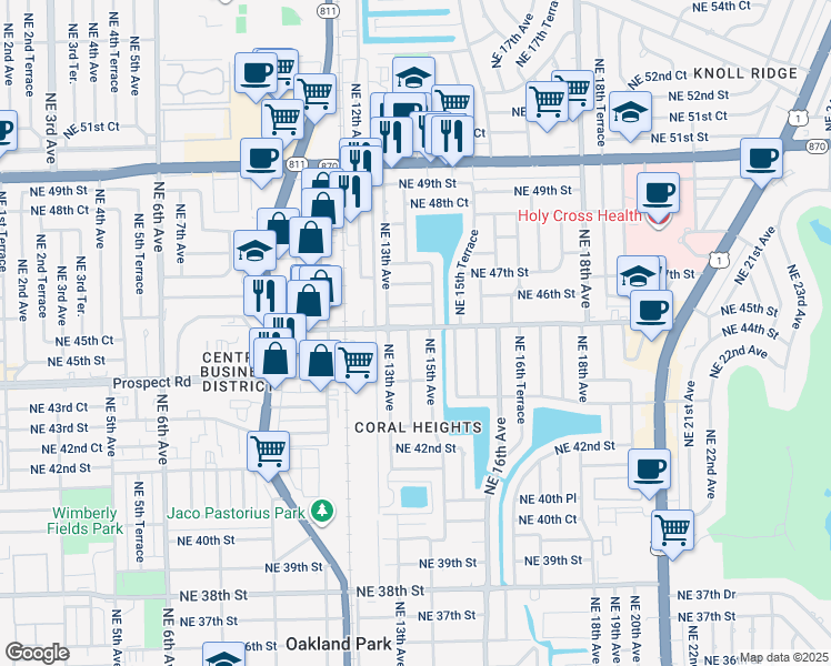 map of restaurants, bars, coffee shops, grocery stores, and more near 4431 Northeast 15th Avenue in Oakland Park