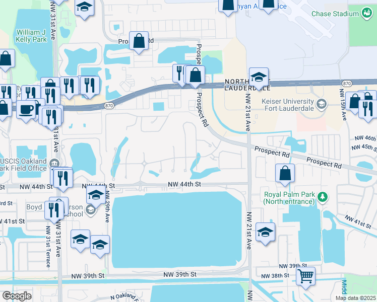 map of restaurants, bars, coffee shops, grocery stores, and more near 2231-2899 NW 44th St in Oakland Park
