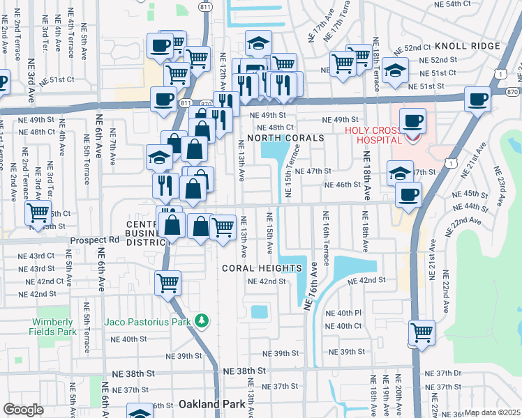 map of restaurants, bars, coffee shops, grocery stores, and more near 4431 Northeast 15th Avenue in Oakland Park