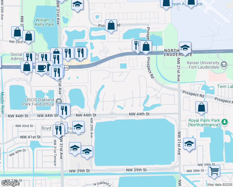 map of restaurants, bars, coffee shops, grocery stores, and more near 2744 Oak Tree Lane in Fort Lauderdale