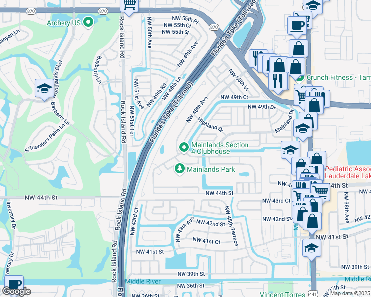 map of restaurants, bars, coffee shops, grocery stores, and more near 4629 Northwest 46th Street in Tamarac