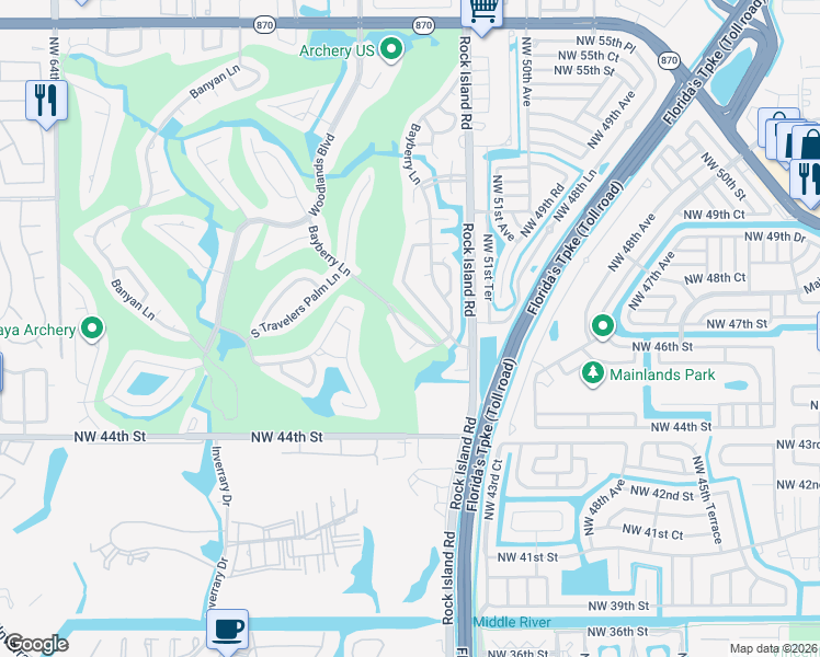 map of restaurants, bars, coffee shops, grocery stores, and more near 4601 Bayberry Lane in Tamarac