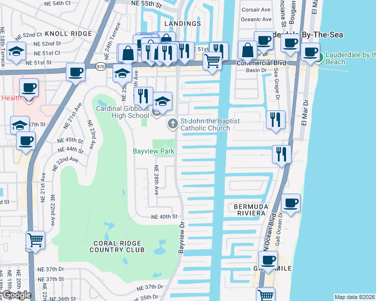 map of restaurants, bars, coffee shops, grocery stores, and more near 3030 Northeast 44th Street in Fort Lauderdale
