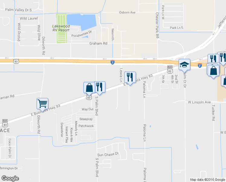 map of restaurants, bars, coffee shops, grocery stores, and more near 4115 West Bus 83 in Harlingen