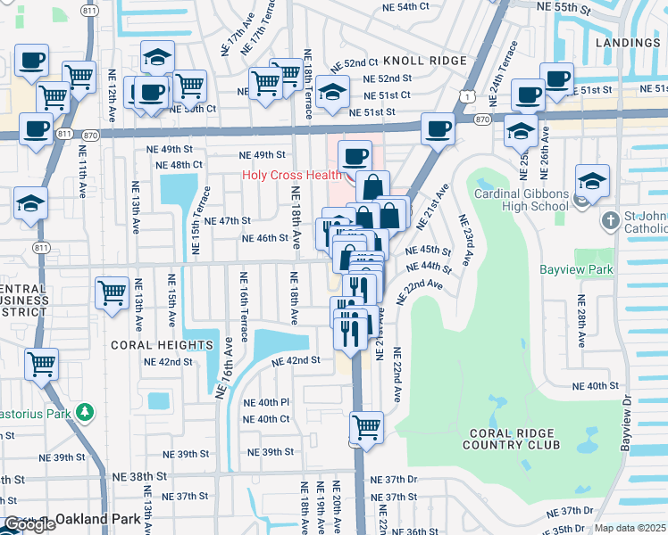 map of restaurants, bars, coffee shops, grocery stores, and more near 4430 Northeast 20th Avenue in Oakland Park