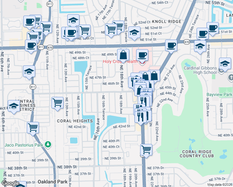 map of restaurants, bars, coffee shops, grocery stores, and more near 4430 Northeast 18th Avenue in Oakland Park