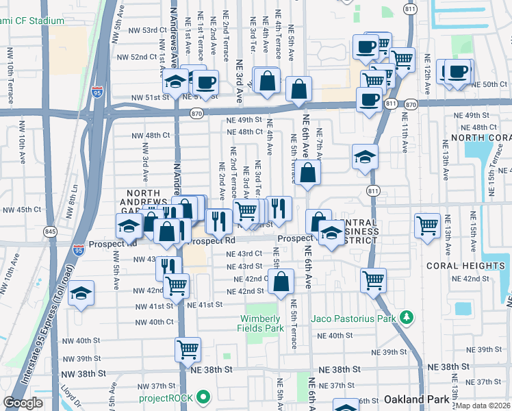 map of restaurants, bars, coffee shops, grocery stores, and more near 340 Northeast 45th Court in Fort Lauderdale
