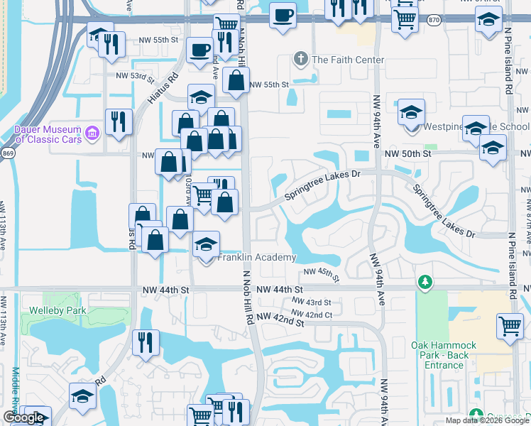map of restaurants, bars, coffee shops, grocery stores, and more near 9925 Northwest 46th Place in Sunrise