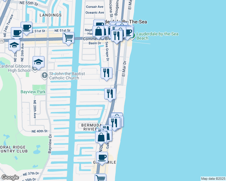 map of restaurants, bars, coffee shops, grocery stores, and more near 3900 North Ocean Boulevard in Fort Lauderdale