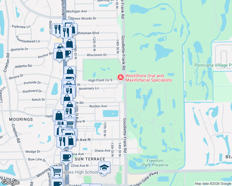 map of restaurants, bars, coffee shops, grocery stores, and more near 1349 Creech Road in Naples