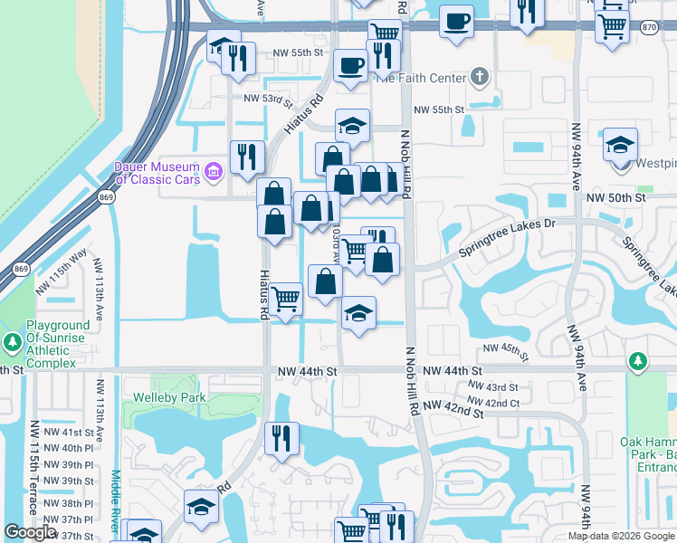map of restaurants, bars, coffee shops, grocery stores, and more near 10216 Northwest 47th Street in Sunrise