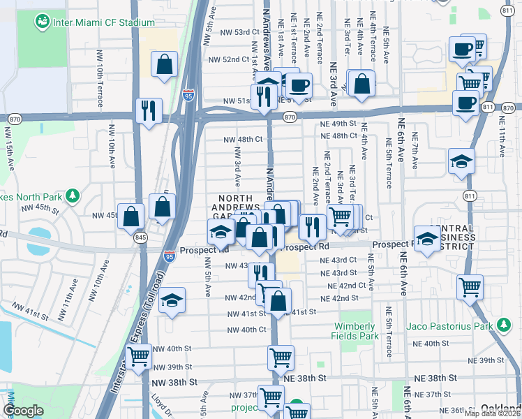map of restaurants, bars, coffee shops, grocery stores, and more near 80 Northwest 46th Street in Oakland Park