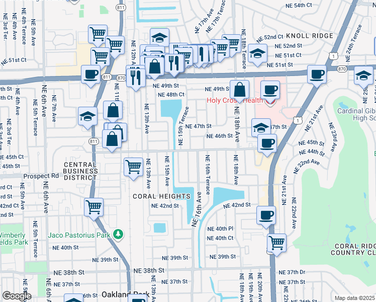 map of restaurants, bars, coffee shops, grocery stores, and more near 4520 Northeast 15th Terrace in Oakland Park