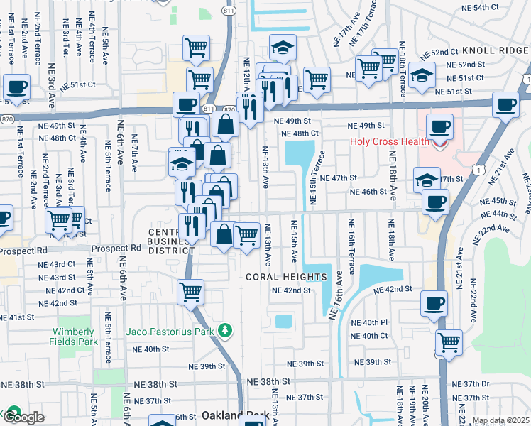 map of restaurants, bars, coffee shops, grocery stores, and more near 1300 Northeast 46th Street in Oakland Park