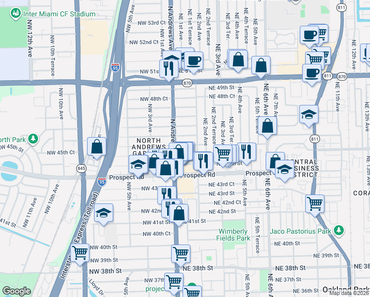 map of restaurants, bars, coffee shops, grocery stores, and more near 30 Northeast 46th Court in Fort Lauderdale