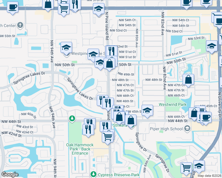 map of restaurants, bars, coffee shops, grocery stores, and more near 146 Northwest 88th Avenue in Sunrise