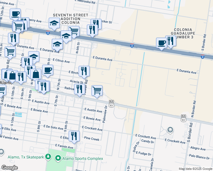 map of restaurants, bars, coffee shops, grocery stores, and more near 411 Needles Palm in Alamo