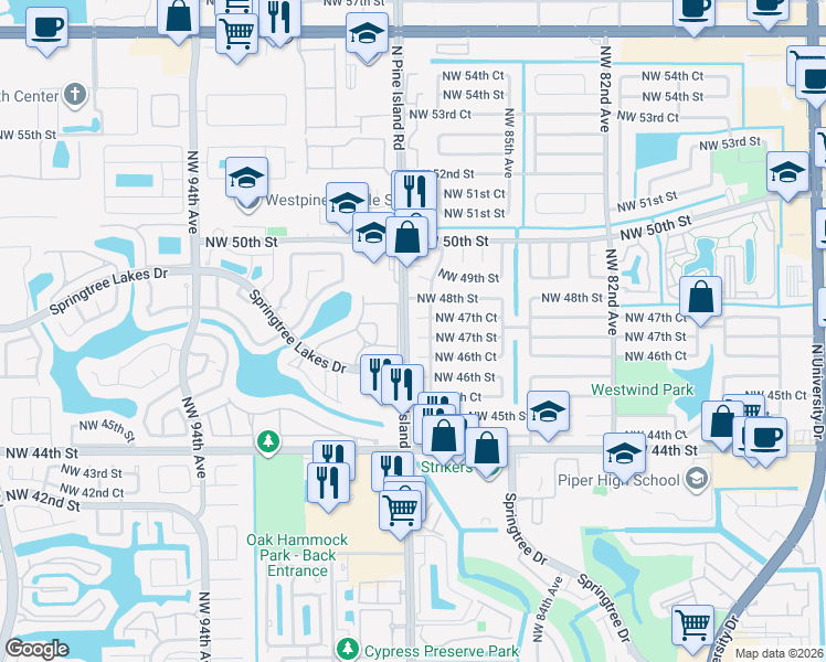 map of restaurants, bars, coffee shops, grocery stores, and more near 146 Northwest 88th Avenue in Sunrise