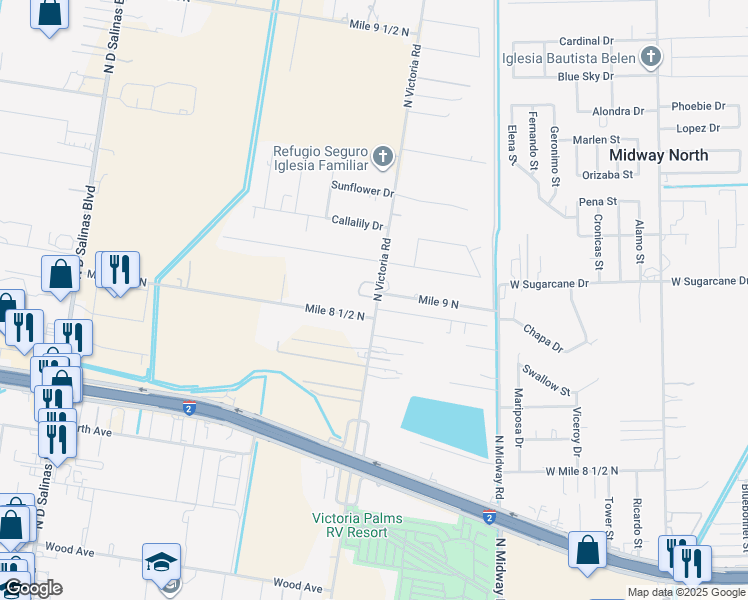 map of restaurants, bars, coffee shops, grocery stores, and more near 2511 North Victoria Road in Donna