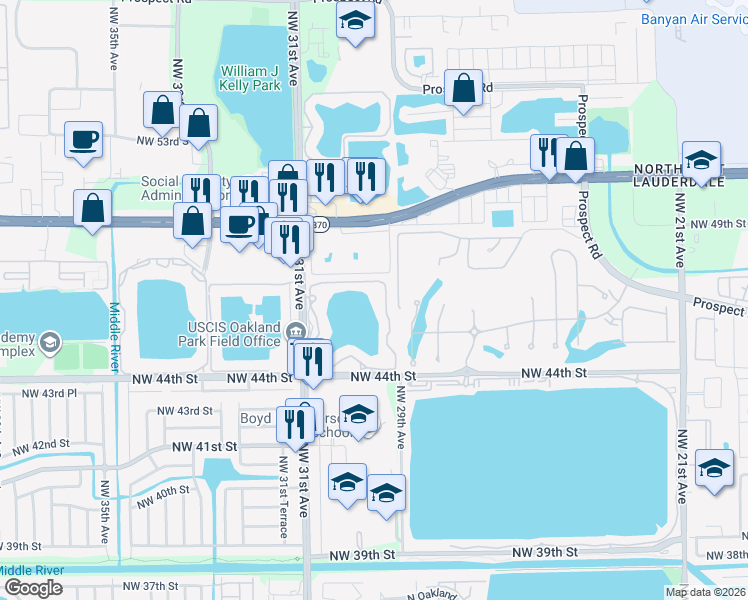 map of restaurants, bars, coffee shops, grocery stores, and more near 214 Lake Pointe Drive in Oakland Park