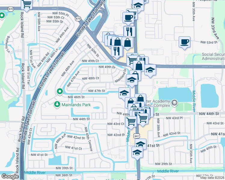 map of restaurants, bars, coffee shops, grocery stores, and more near 4117 Northwest 47th Court in Tamarac