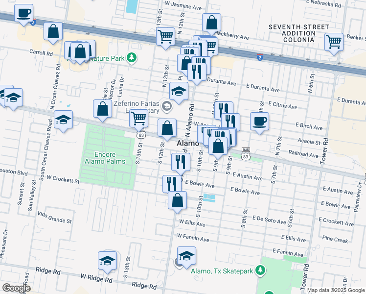 map of restaurants, bars, coffee shops, grocery stores, and more near 108 North Alamo Road in Alamo