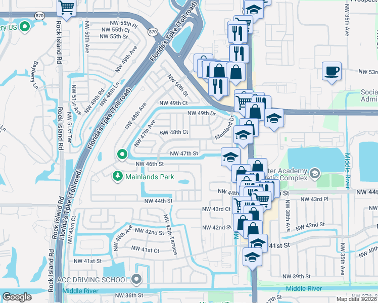 map of restaurants, bars, coffee shops, grocery stores, and more near 4409 Northwest 47th Court in Tamarac